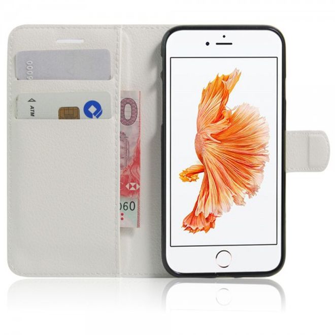 Étui élégant en cuir blanc pour iPhone SE (2022) / SE (2020) / 8 / 7, avec emplacements pour cartes de crédit et motif litchi.