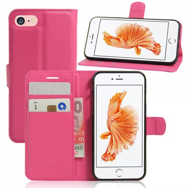 Étui élégant en cuir rose pour iPhone SE (2022) / SE (2020) / 8 / 7, avec emplacements pour cartes de crédit et motif litchi.