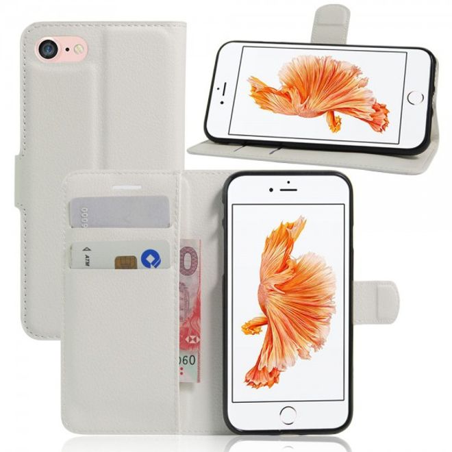 Étui élégant en cuir blanc pour iPhone SE (2022) / SE (2020) / 8 / 7, avec emplacements pour cartes de crédit et motif litchi.