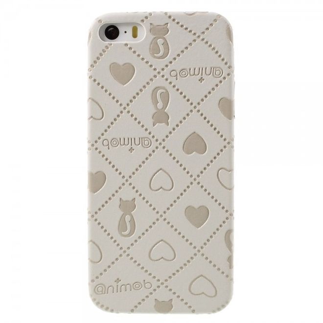 iPhone SE/5S/5 Hart Plastik Case Hülle mit lederartiger Oberfläche und Katzen und Herz Muster - weiss