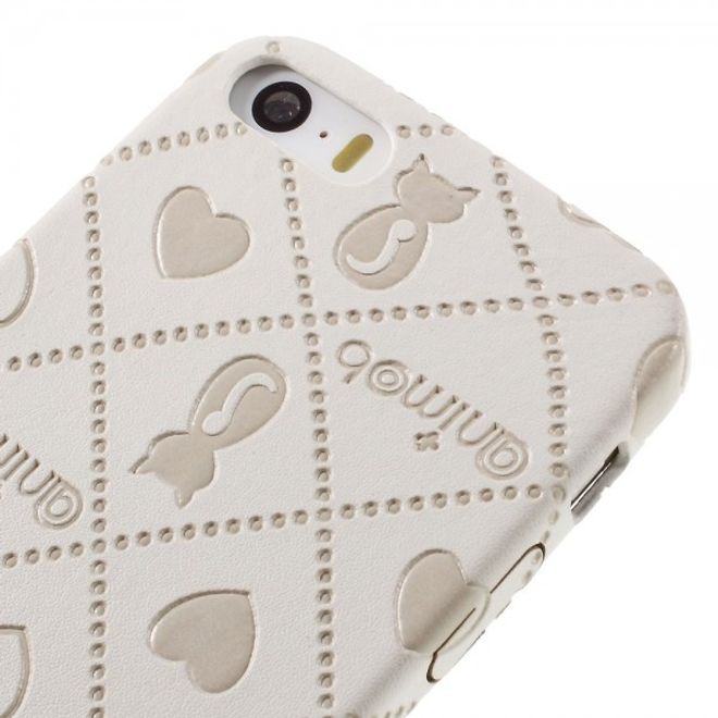 iPhone SE/5S/5 Hart Plastik Case Hülle mit lederartiger Oberfläche und Katzen und Herz Muster - weiss