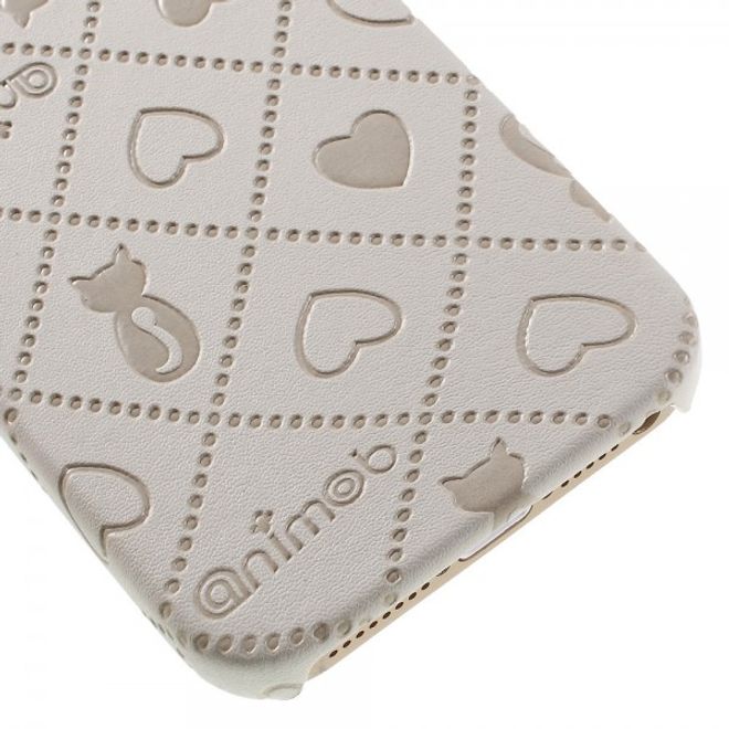 iPhone SE/5S/5 Hart Plastik Case Hülle mit lederartiger Oberfläche und Katzen und Herz Muster - weiss