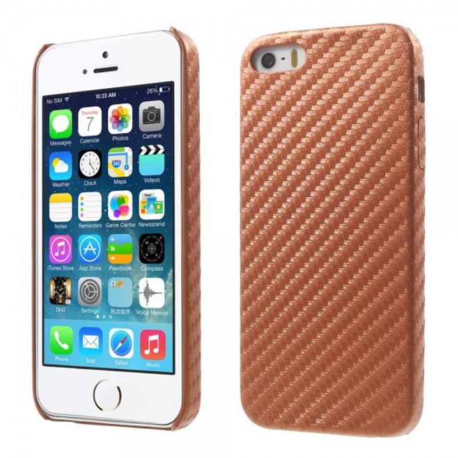 iPhone SE/5S/5 Hart Plastik Case Hülle mit lederartiger Oberfläche und Karbon Muster - braun