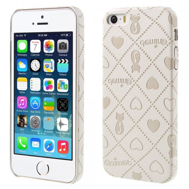 iPhone SE/5S/5 Hart Plastik Case Hülle mit lederartiger Oberfläche und Katzen und Herz Muster - weiss