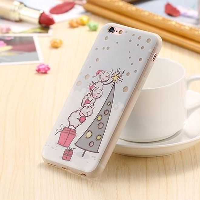 Handyhülle für iPhone 6 Plus/6S Plus - Case aus Plastik - leuchtet im Dunkeln - Schafe und Weihnachtsbaum - weiss
