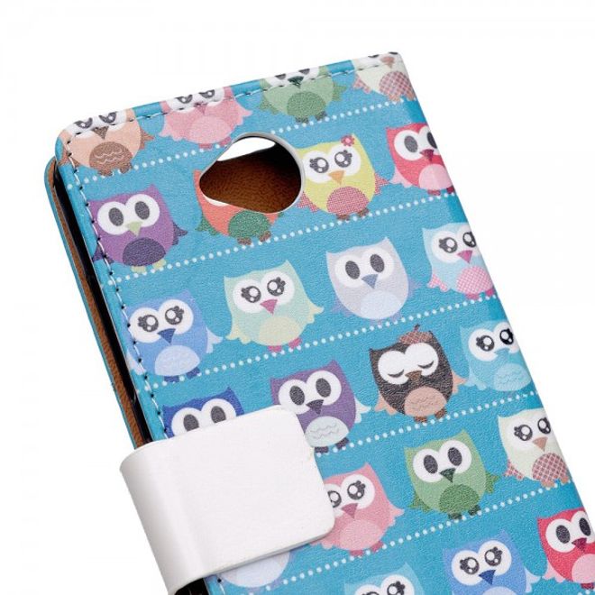 Microsoft Lumia 650 Leder Cover Case Hülle mit vielen kleinen Eulen - cyan