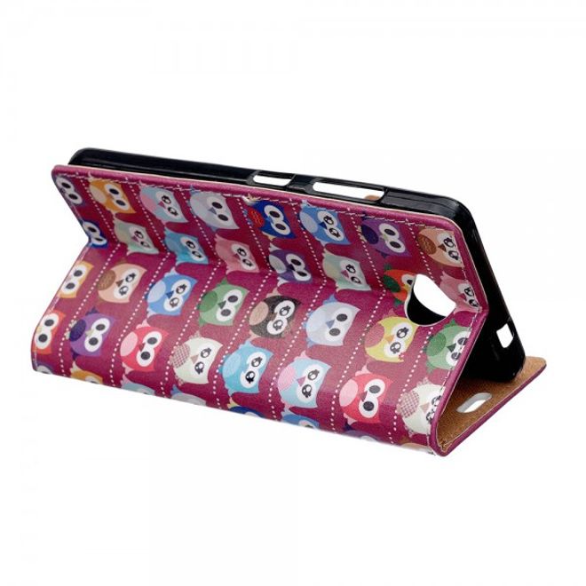 Microsoft Lumia 650 Leder Cover Case Hülle mit vielen kleinen Eulen - purpur