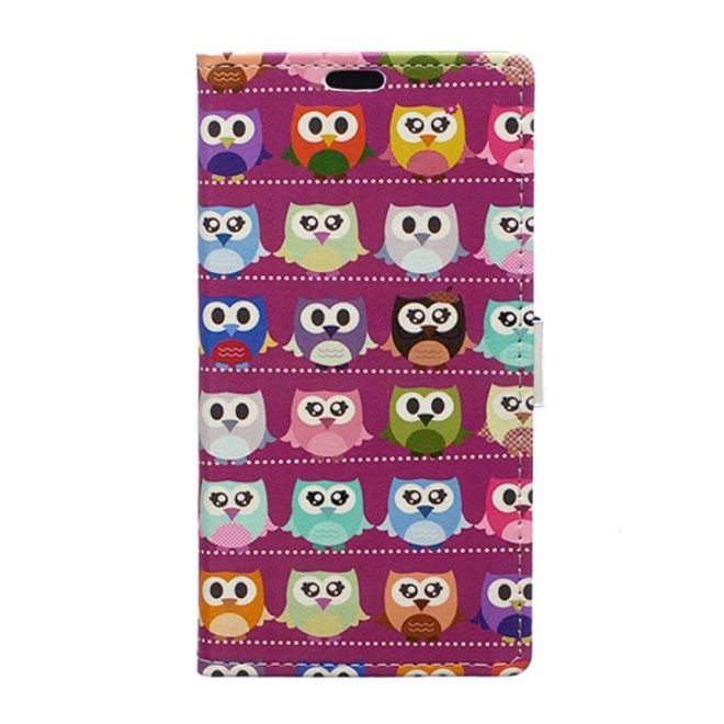 Microsoft Lumia 650 Leder Cover Case Hülle mit vielen kleinen Eulen - purpur