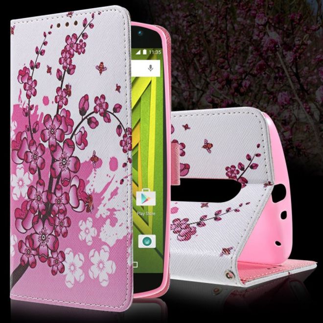 Motorola Moto X Play Leder Cover mit pinken Blumen