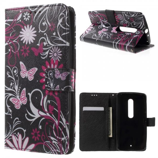 Motorola Moto X Play Leder Cover mit Schmetterlingen und Blumen