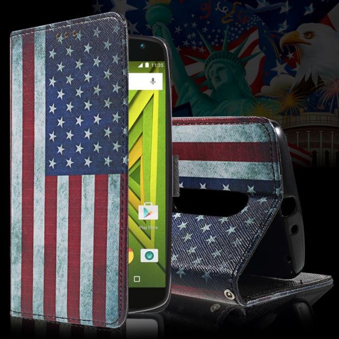 Motorola Moto X Play Leder Cover mit USA Flagge retro-style