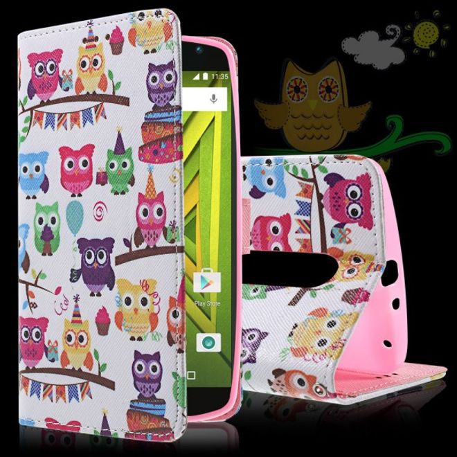 Motorola Moto X Play Leder Cover mit vielen kleinen Eulen