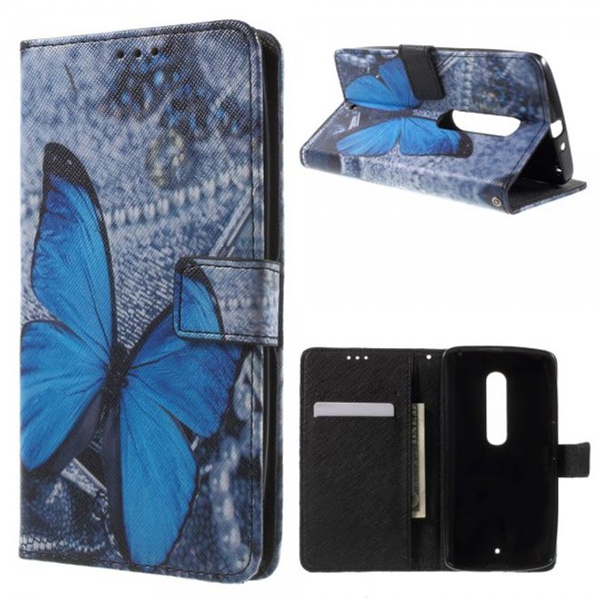 Motorola Moto X Play Leder Cover mit wunderschönem, blauem Schmetterling