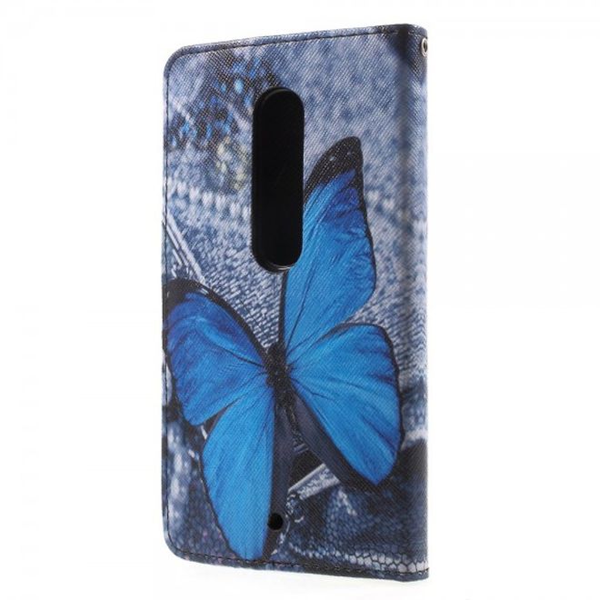 Motorola Moto X Play Leder Cover mit wunderschönem, blauem Schmetterling