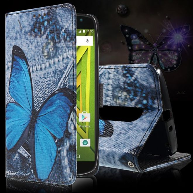 Motorola Moto X Play Leder Cover mit wunderschönem, blauem Schmetterling