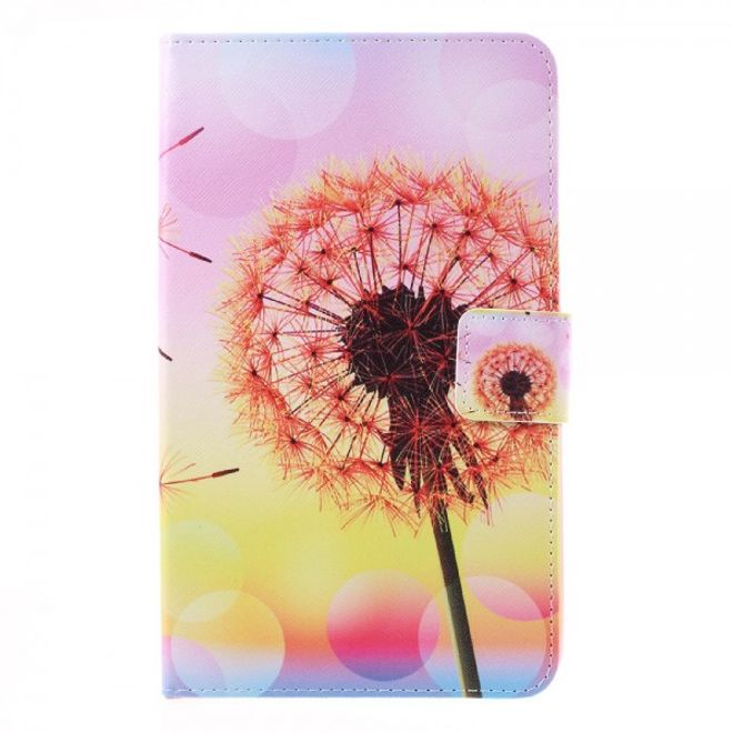 Samsung Galaxy E 8.0 Schicke Leder Case Flip Hülle mit orangen Löwenzahn und Sonnenuntergang