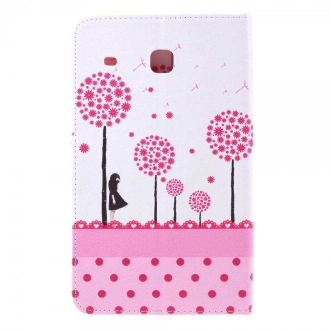 Samsung Galaxy E 8.0 Schicke Leder Case Flip Hülle mit pinkem Löwenzahn