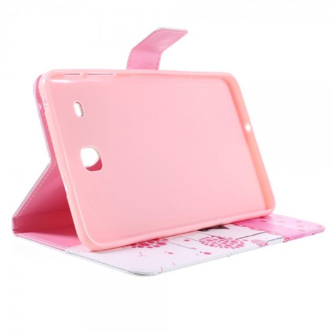Samsung Galaxy E 8.0 Schicke Leder Case Flip Hülle mit pinkem Löwenzahn
