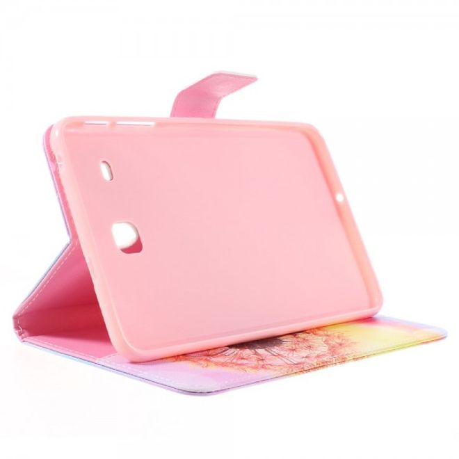 Samsung Galaxy E 8.0 Schicke Leder Case Flip Hülle mit orangen Löwenzahn und Sonnenuntergang