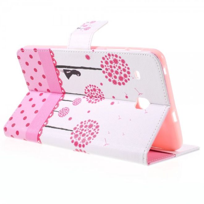 Samsung Galaxy E 8.0 Schicke Leder Case Flip Hülle mit pinkem Löwenzahn