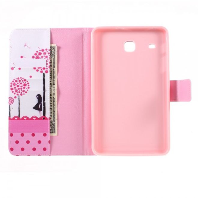 Samsung Galaxy E 8.0 Schicke Leder Case Flip Hülle mit pinkem Löwenzahn