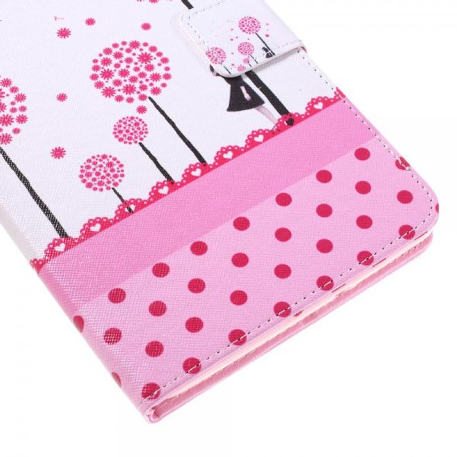 Samsung Galaxy E 8.0 Schicke Leder Case Flip Hülle mit pinkem Löwenzahn