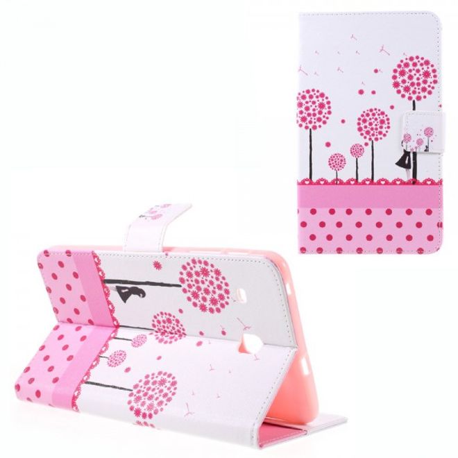 Samsung Galaxy E 8.0 Schicke Leder Case Flip Hülle mit pinkem Löwenzahn