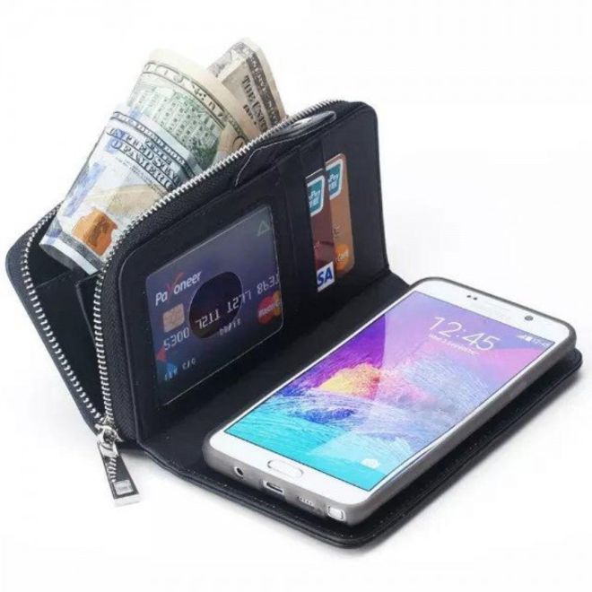 Samsung Galaxy Note 5 Leder Portemonnaie Tasche gewoben mit abnehmbarer, elastischer Plastik Hülle - schwarz