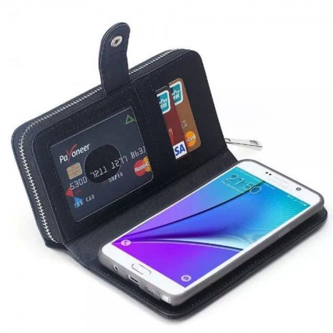 Samsung Galaxy Note 5 Leder Portemonnaie Tasche gewoben mit abnehmbarer, elastischer Plastik Hülle - schwarz