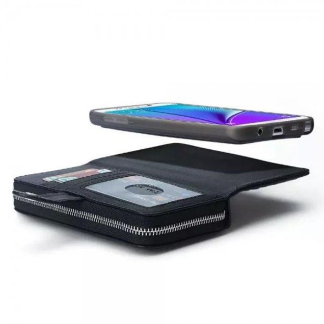 Samsung Galaxy Note 5 Leder Portemonnaie Tasche gewoben mit abnehmbarer, elastischer Plastik Hülle - schwarz