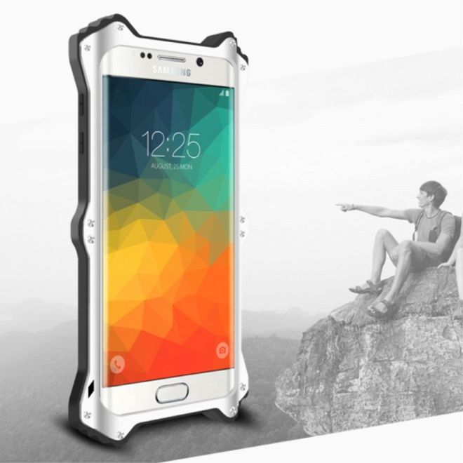 Galaxy S6 Edge Plus LOVE MEI Robuste Metall, Silikon und Echtleder Case Hülle - weiss