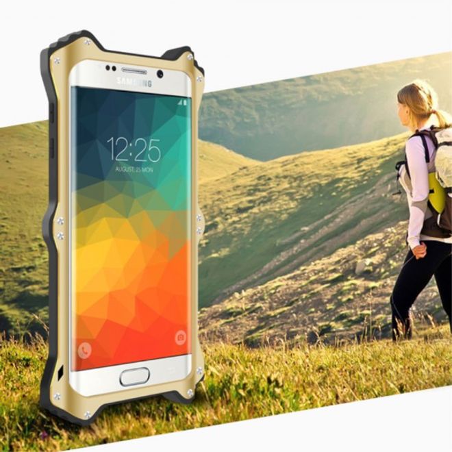 Galaxy S6 Edge Plus LOVE MEI Robuste Metall, Silikon und Echtleder Case Hülle - champagnerfarben