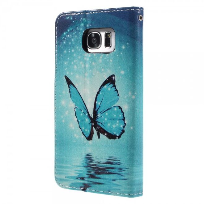 Samsung Galaxy S7 Edge Leder Case Handy Hülle mit wunderschönem, blauem Schmetterling