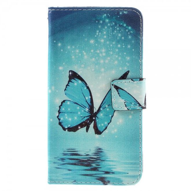 Samsung Galaxy S7 Edge Leder Case Handy Hülle mit wunderschönem, blauem Schmetterling