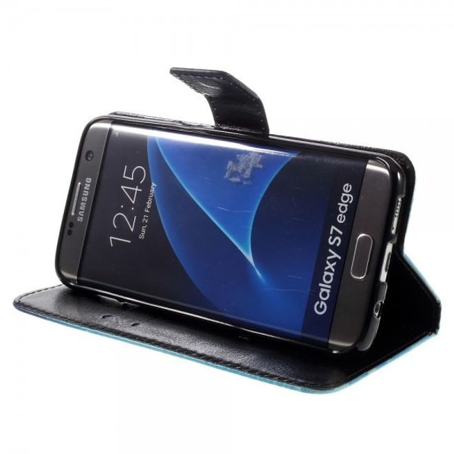 Samsung Galaxy S7 Edge Leder Case Handy Hülle mit wunderschönem, blauem Schmetterling