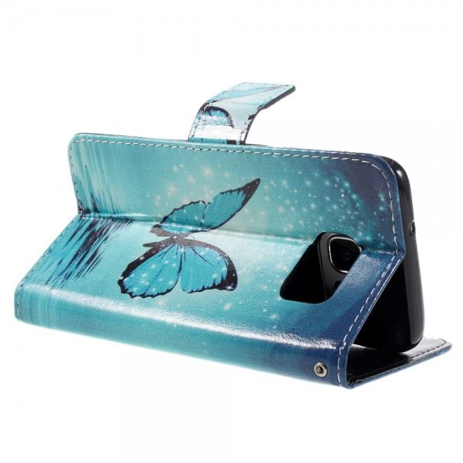 Samsung Galaxy S7 Edge Leder Case Handy Hülle mit wunderschönem, blauem Schmetterling