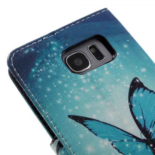 Samsung Galaxy S7 Edge Leder Case Handy Hülle mit wunderschönem, blauem Schmetterling