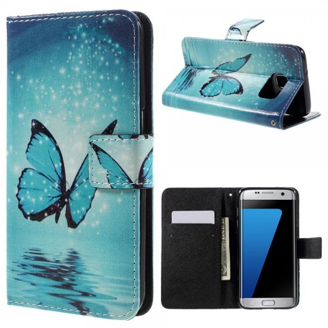Samsung Galaxy S7 Edge Leder Case Handy Hülle mit wunderschönem, blauem Schmetterling