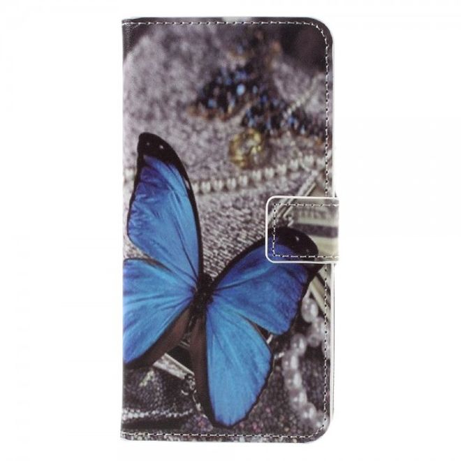Samsung Galaxy S7 Edge Leder Cover Case Hülle mit wunderschönem, blauem Schmetterling