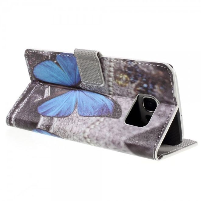 Samsung Galaxy S7 Edge Leder Cover Case Hülle mit wunderschönem, blauem Schmetterling