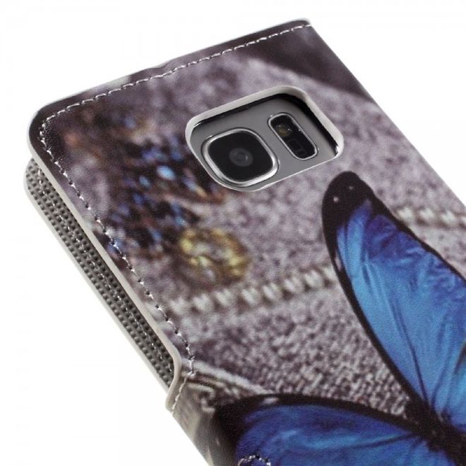 Samsung Galaxy S7 Edge Leder Cover Case Hülle mit wunderschönem, blauem Schmetterling