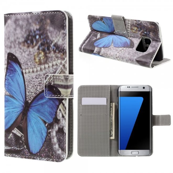 Samsung Galaxy S7 Edge Leder Cover Case Hülle mit wunderschönem, blauem Schmetterling