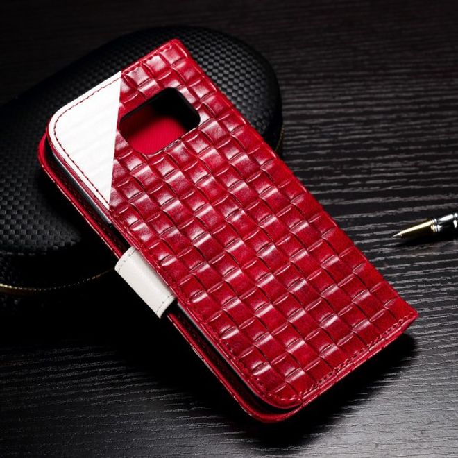 Samsung Galaxy S7 Edge Leder Cover Hülle mit gewobenem Muster und Standfunktion - weiss/weinrot