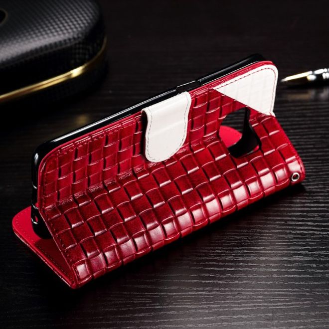 Samsung Galaxy S7 Edge Leder Cover Hülle mit gewobenem Muster und Standfunktion - weiss/weinrot
