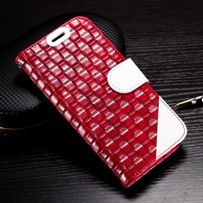 Samsung Galaxy S7 Edge Leder Cover Hülle mit gewobenem Muster und Standfunktion - weiss/weinrot