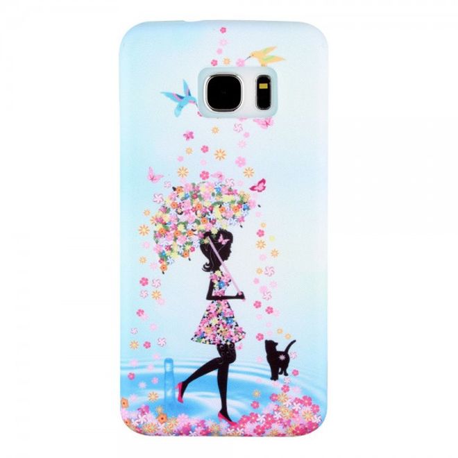 Samsung Galaxy S7 Elastische Silikon Case Hülle mit stoffartiger Oberfläche und Frau mit Schirm