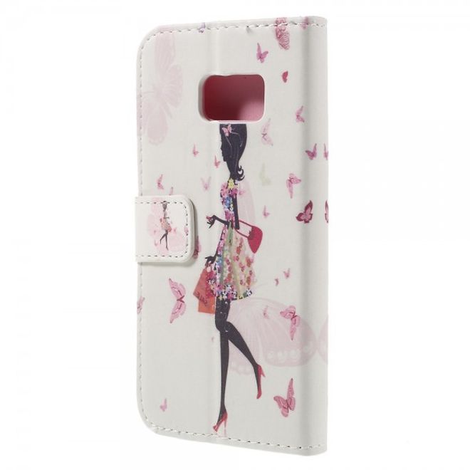 Samsung Galaxy S7 Leder Case Hülle mit Glitzersteinen und modischer Dame