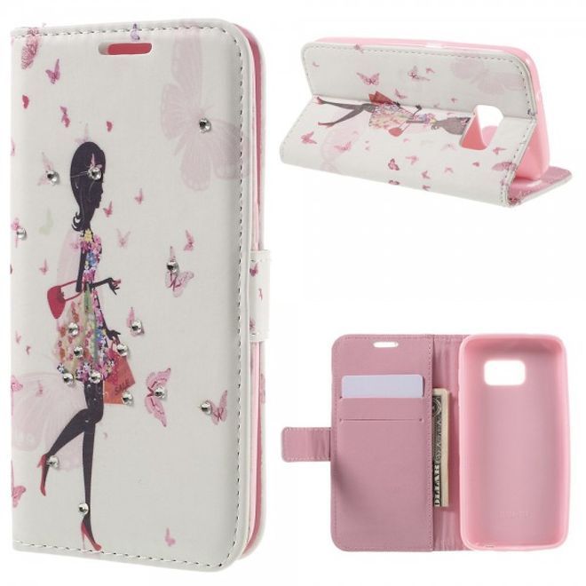 Samsung Galaxy S7 Leder Case Hülle mit Glitzersteinen und modischer Dame