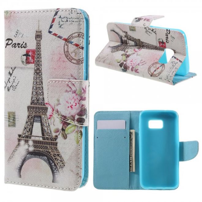 Samsung Galaxy S7 Leder Cover Handyhülle mit Eiffelturm und Postkarten