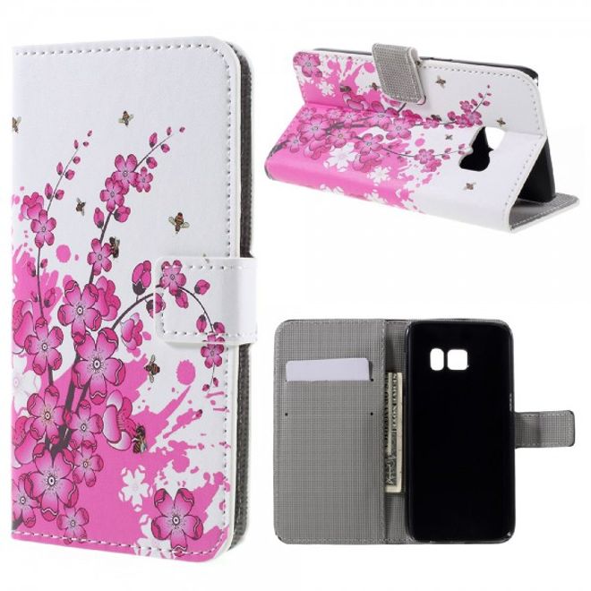 Samsung Galaxy S7 Leder Cover Hülle mit pinken Blumen
